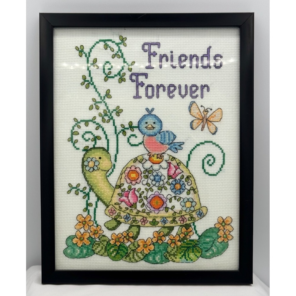 Friends Forever Cross Stitch In an 8 1/2" x 11" Black Frame - Turtle Bird